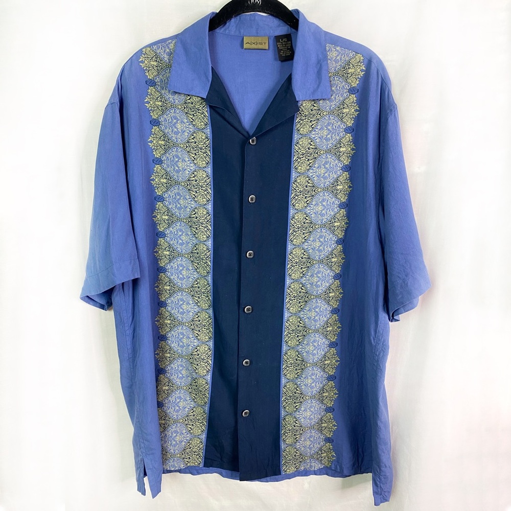 AXIST Blue Panel Stripe Silk Short Sleeve Button Up Shirt Lg